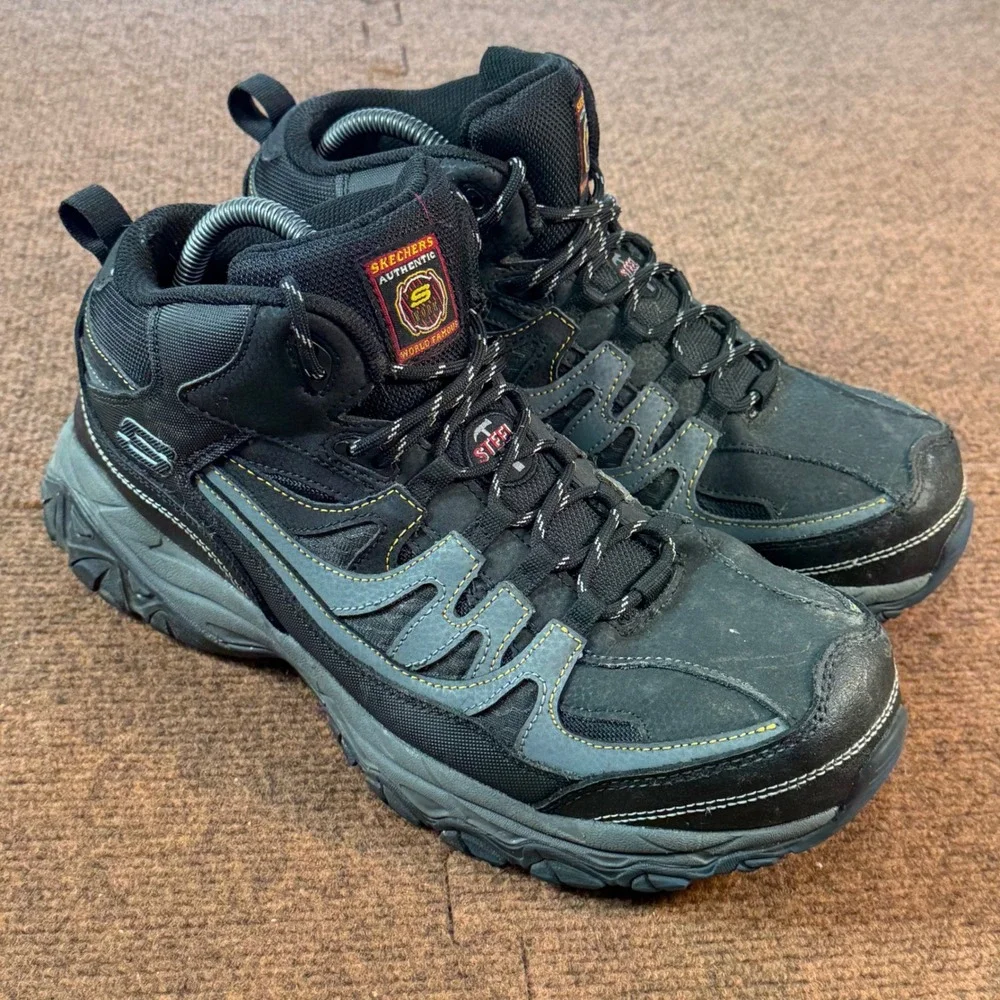 Skechers Work Mens Steel Toe Boots Black Gray Slip Resistant EH 77108 BKCC 9.5
